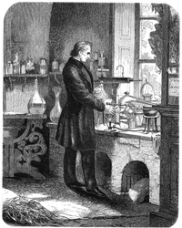 Justus von Liebig, químico alemão, trabalhando em seu laboratório, em meados do século XIX c1885