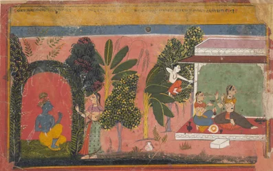 Kama aponta seu arco para Radha: Página de um Gita Govinda Amores Dispersos de Krishna, ca. 1695