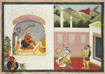 O rei Bana desfruta de música em sua corte, da seção Usha-Aniruddha de uma Krishna Lila, c. 1760-17