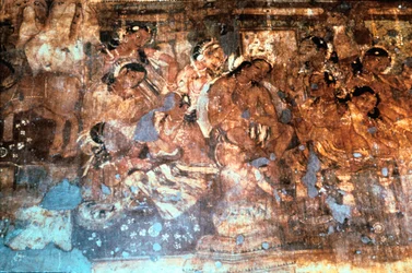 Rei Mahajanaka ouvindo a rainha Vivali, afresco da caverna de Ajanta, Índia, século 1 a 5 dC