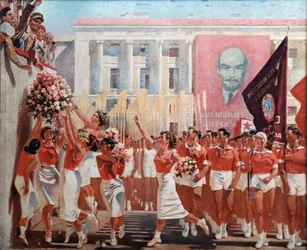Kirov Assiste a um Desfile de Esportistas" (1935) uma Pintura de A, N, Samokhvalov.