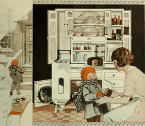 Publicidade na cozinha do The Saturday Evening Post, cerca de 1920-1925.