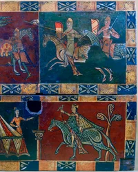 Cavaleiros a cavalo e rei com um falcão, século XII