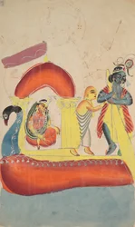 Krishna transportando Radha do outro lado do rio Yamuna, no século XIX.