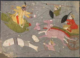 Krishna combatendo os filhos de Vanasuras: cena da seção Aniruddha Usha de Krishna Lila, c. 1840