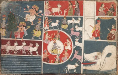 Krishna tocando flauta e outros episódios do Bhagavata Purana, c. 1650