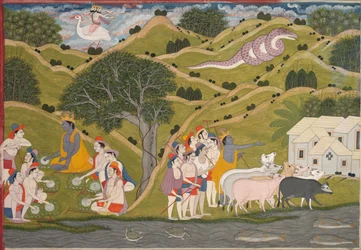 Krishna retorna com os vaqueiros para Braj, de um Bhagavata Purana