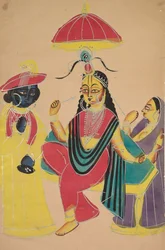 Krishna de pé junto a Radha, sentada em uma cadeira, no século XIX.