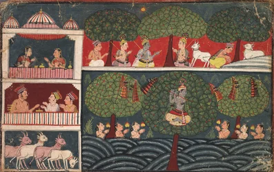 Krishna Roubando Roupas de Gopis, Página do Bhagavata Purana, c. 1650