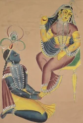 Krishna acariciando os pés de Radhas, de 1800.