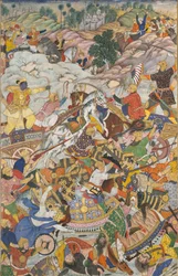 Krishna e Balarama Lutando contra o Inimigo, Folio de um Harivamsa A Lenda de Hari..., c1590-95.
