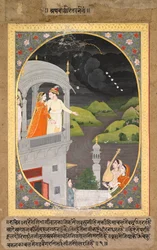 Krishna e Radha observando nuvens de chuva: o mês de Bhadon da série Baramasa, c. 1790