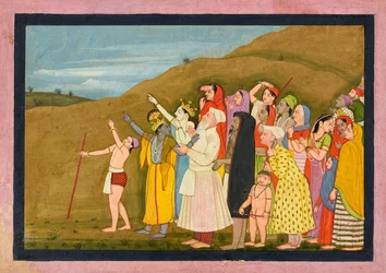 Krishna e sua família admiram um eclipse solar, talvez uma página do KangraModi..., 1775-1780.