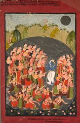 Krishna e as Gopis se reúnem para Rasamandala, c. 1720-1730.