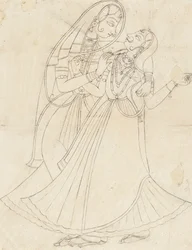 Krishna vestido de mulher Abraçando Radha, século XIX.