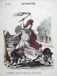 A República Perseguindo a Corte Inferior das Tuilleries, cartum alegórico, 1870-1871