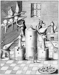 Laboratório para a refinação de ouro e prata, mostrando equipamento laboratorial típico, 1683