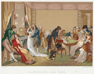 Senhoras e senhores jogando La Bouillotte, França, c1804-1814