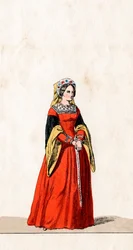 Lady-in-waiting, figurino para peça de Shakespeares, Henrique VIII, século XIX