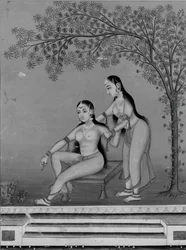 Senhora em seu toilette com atendente em um terraço, ca. 1800.