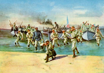 Munição de desembarque para os insurgentes, sob fogo, Guerra Hispano-Americana, Cuba, 1898