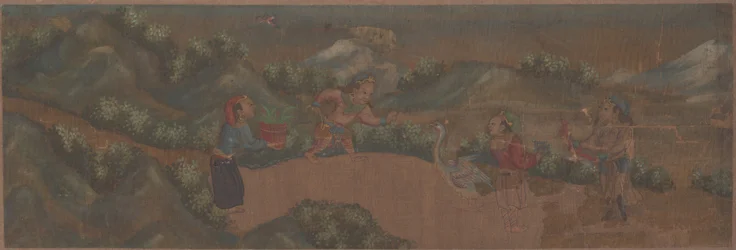 Pintura de paisagem de figura em cenário de floresta.
