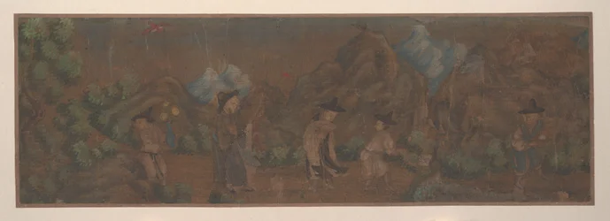 Pintura de paisagem de figura em cenário de floresta.