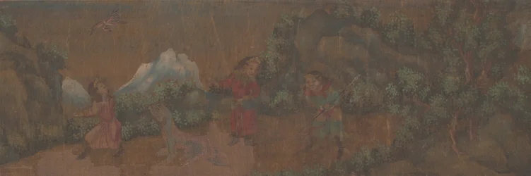 Pintura de paisagem de figura em cenário de floresta.