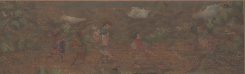 Pintura de paisagem de figura em cenário de floresta.