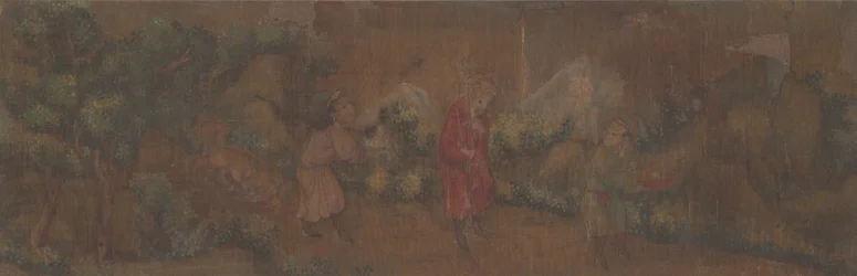 Pintura de paisagem de figura em cenário de floresta.