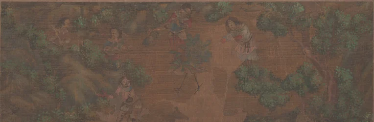 Pintura de paisagem de figura em cenário de floresta.