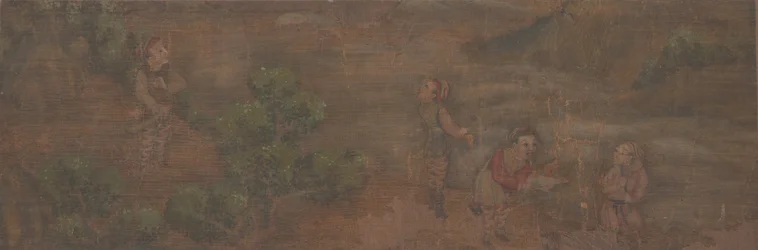Pintura de paisagem de figura em cenário de floresta.