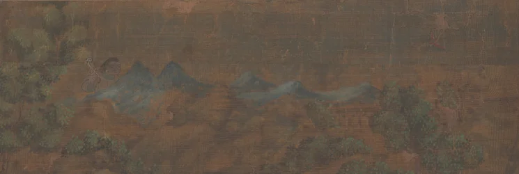 Pintura de paisagem de figura em cenário de floresta.