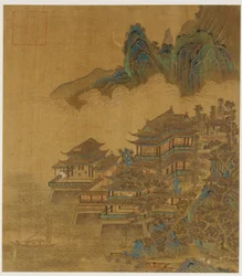 Paisagem: um palácio entre o lago e as montanhas, dinastia Ming ou Qing, século XVII.