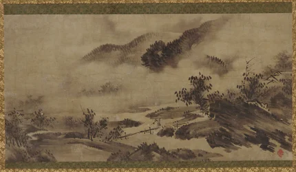 Paisagem: montanhas, neblina e riacho, período Edo, século XVIII.