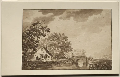 Paisagem com chalé e ponte, década de 1700.