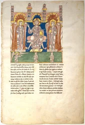 Folha de um Manuscrito Beatus: Cristo em Majestade com Anjos e o Anjo de Deus..., c. 1180.
