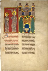 Folha de um manuscrito dos Beatus: o anjo da Igreja de Sardes com São João, ca. 1180