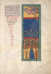 Folha de um manuscrito de Beatus: o primeiro anjo soa a trombeta ..., ca. 1180