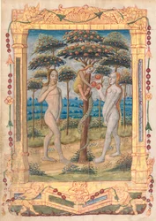 Folha de um livro de horas: Adão e Eva e a queda do homem retomados ..., c. 1510