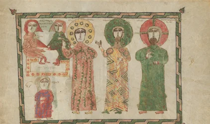 Folha de um livro do evangelho com quatro evangelistas em pé, 1290-1330.