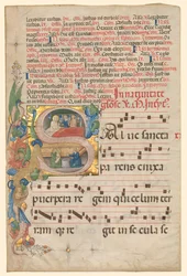 Folha de um Gradual: História Inicial S [alve Sancta Parens] com Nascimento da Virgem, c.