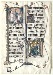 Duas folhas de um missal com Historiated Iniciais: p inicial [er todas as idades] ..., c. 1300
