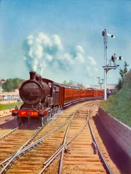 Saindo de Dublin. Trem da Great Southern Railways, transportado por um expresso de passageiros 4-4-0, 1935.