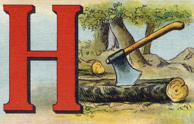 Letra H: machado. Gravura em "Alfabeto de ma petite fille". Bernardin-Bechet e Fils, livreiro-editores, Paris, por volta de 1895. Álbum inquebrável em lona. Bibliotheque des Bebes. 12 páginas. Álbum contendo um método de leitura e um abecedário ilustrativo