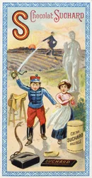 Carta S: sol, semeador, semeador, servo, estupefação, soldado, espada, sela, cobra, estátua, casco, saco. Gravura do Alfabeto editada por Chocolat Suchard, início do século XX. 24 cromolitógrafos representando lugares, personagens e objetos para