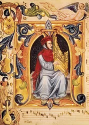 Lettrina com um homem e um órgão iniciando uma partitura do Codex Squarcialupi (por Antonio Squarcialupi