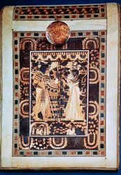 Tampa de um cofre mostrando Tutankhamon e sua esposa Ankhesenamun em um jardim, século 14 aC