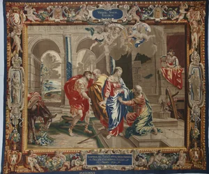 A vida da Virgem: "A Visitação" a visita de Maria a Isabel, José e Zacharie atrás deles - Tapeçaria de lã e seda feita na oficina de Pierre Damour depois dos desenhos de Charles Poerson (1609-1667)