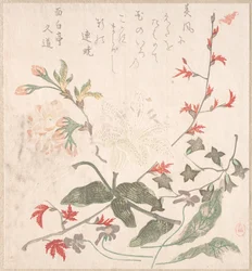 Lírio, violetas, flores de cerejeira, forsítia e um ramo de bordo vermelho, século 18-19.